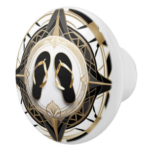 Art Deco Flip Flop Shoes Black White Gold Ceramic Knob