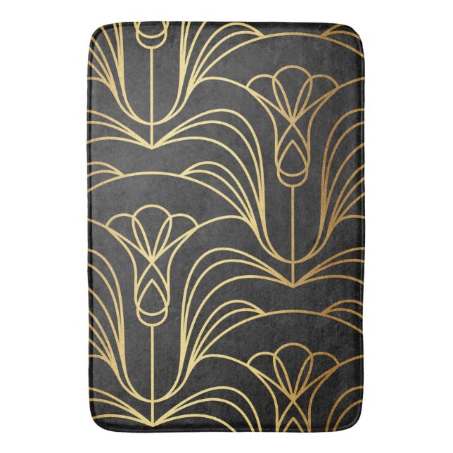 Art Deco Floral. Black and Gold Bath Mat (Front Vertical)