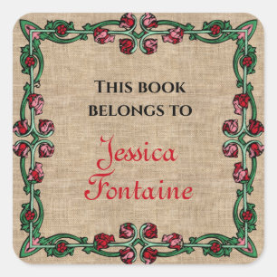 Art Deco Floral Frame Red Pink Green Personalised Square Sticker