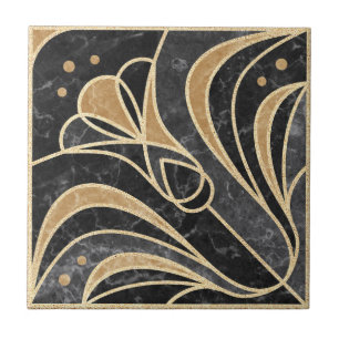 Art Deco Floral. Gold and Marble Ceramic Tile