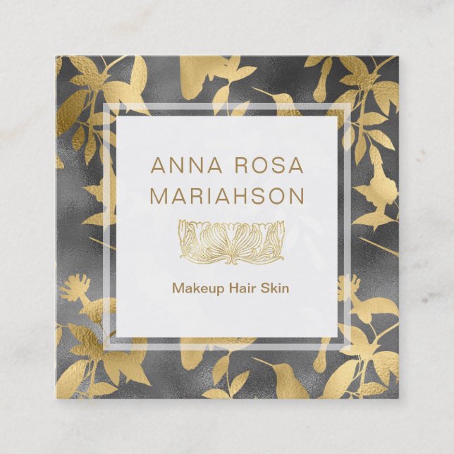 *~* Art Deco Floral Gold Bird Pattern Square Business Card (Front)
