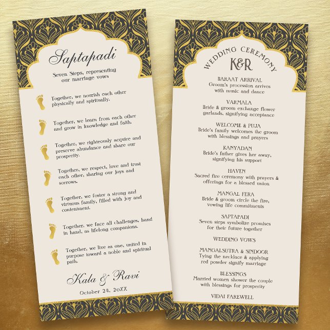Art Deco Floral Lotus Indian & Hindu Wedding Program (charcoal gray black art deco indian hindu wedding program card with saptapadi seven steps vows)