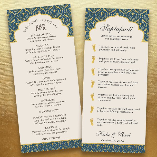 Art Deco Floral Lotus Indian & Hindu Wedding Program (Navy blue art deco indian hindu wedding program card with saptapadi seven steps vows, gold foil leaf)