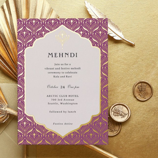 Art Deco Floral Lotus Mehndi Gold (mehndi invitation, indian wedding invitation, mehendi invitation, hindu wedding invitation, art deco)