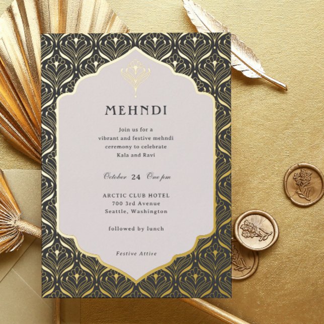 Art Deco Floral Lotus Mehndi Gold (mehndi invitation, indian wedding invitation, mehendi invitation, hindu wedding invitation, art deco)