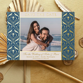 Art Deco Floral Lotus Wedding Save The Date Gold