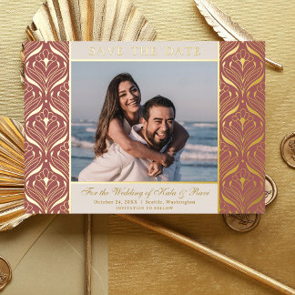Art Deco Floral Lotus Wedding Save The Date Gold