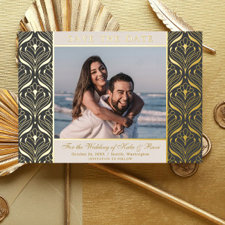 Art Deco Floral Lotus Wedding Save The Date Gold