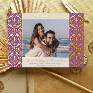 Art Deco Floral Lotus Wedding Save The Date Gold