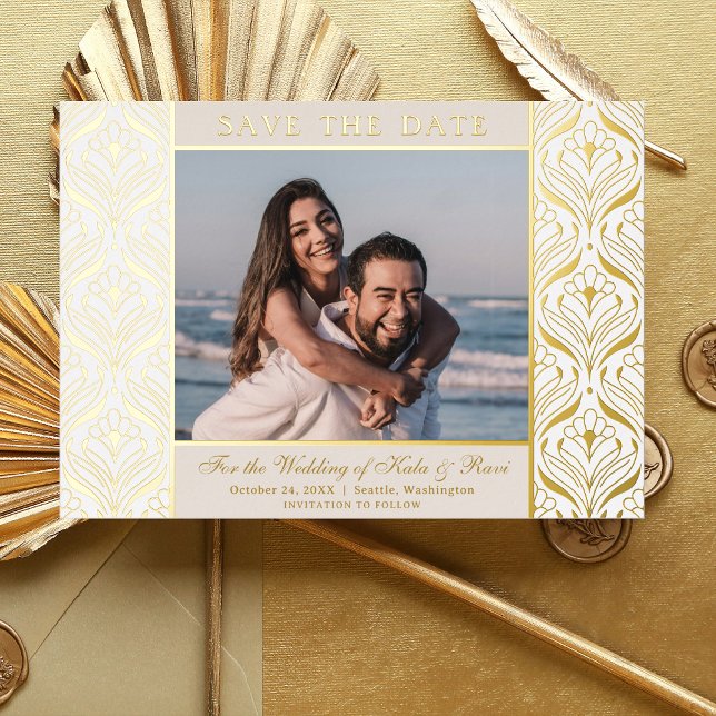 Art Deco Floral Lotus Wedding Save The Date Gold (art deco wedding save the date card, indian wedding photo save the date, hindu wedding announcement)