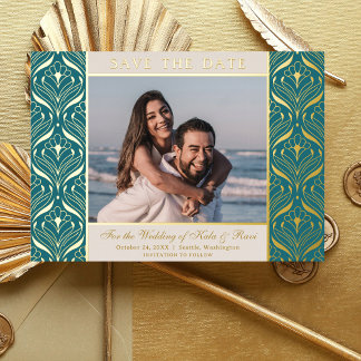 Art Deco Floral Lotus Wedding Save The Date Gold