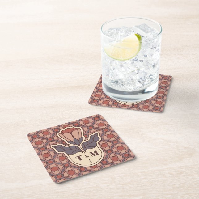 Art Deco Floral Monogram Wedding Square Coaster (Insitu)