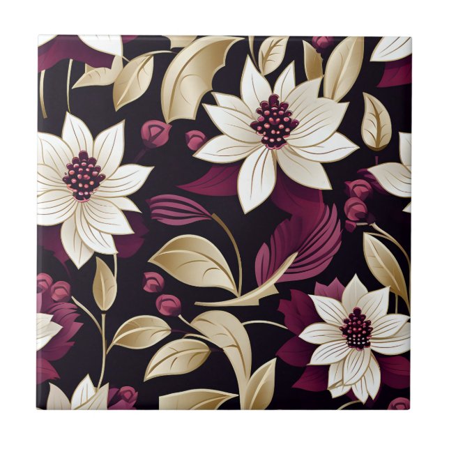 Art Deco Floral On Burgundy Ceramic Tile (Front)