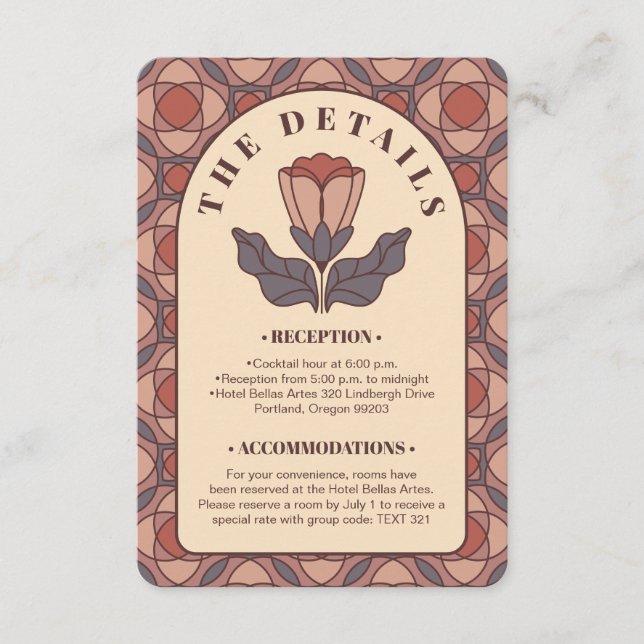 Art Deco Floral Wedding Details Card QR Code (Front)