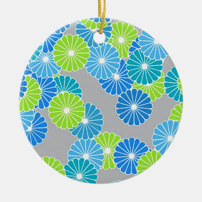 Art Deco flower pattern - blue and lime green Ceramic Ornament (Front)