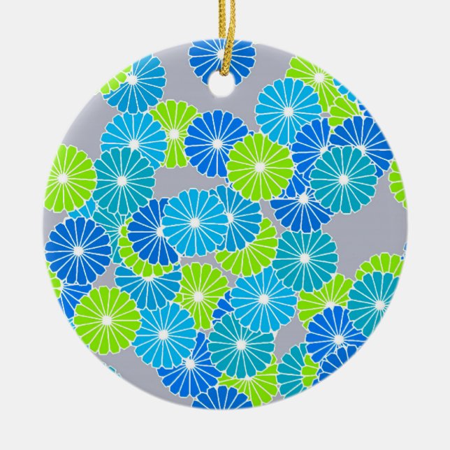 Art Deco flower pattern - blue and lime green Ceramic Tree Decoration (Front)