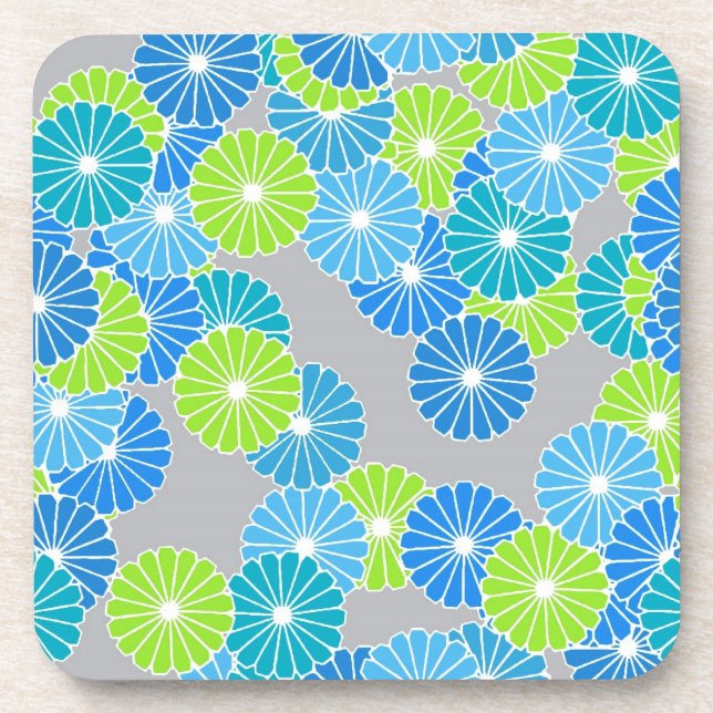 Art Deco flower pattern - blue and lime green Coaster (Front)