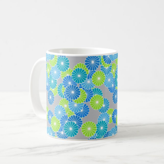 Art Deco flower pattern - blue and lime green Coffee Mug (Front Left)