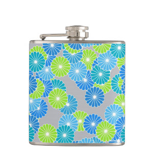 Art Deco flower pattern - blue and lime green Hip Flask