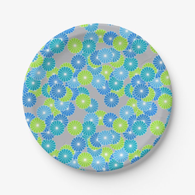 Art Deco flower pattern - blue and lime green Paper Plate (Front)