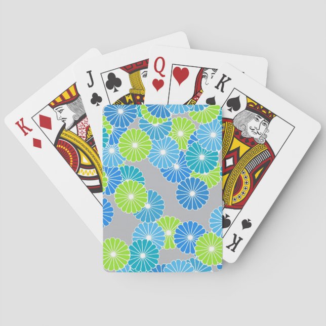 Art Deco flower pattern - blue and lime green Playing Cards (Back)