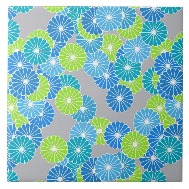 Art Deco flower pattern - blue and lime green Tile (Front)
