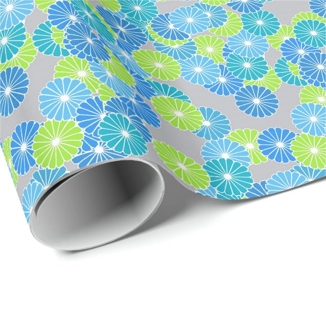 Art Deco flower pattern - blue and lime green Wrapping Paper (Roll Corner)