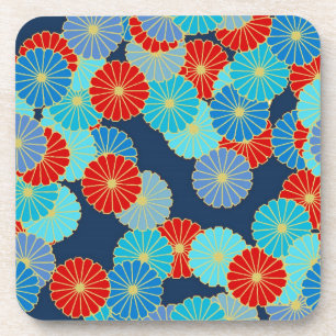 Art Deco flower pattern - blue, turquoise and red Coaster