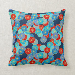 Art Deco flower pattern - blue, turquoise and red Cushion