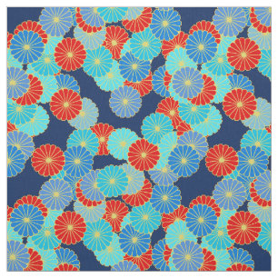 Art Deco flower pattern - blue, turquoise and red Fabric