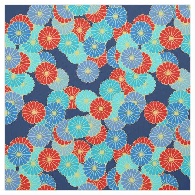 Art Deco flower pattern - blue, turquoise and red Fabric (Swatch)