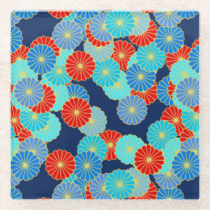 Art Deco flower pattern - blue, turquoise and red Glass Coaster