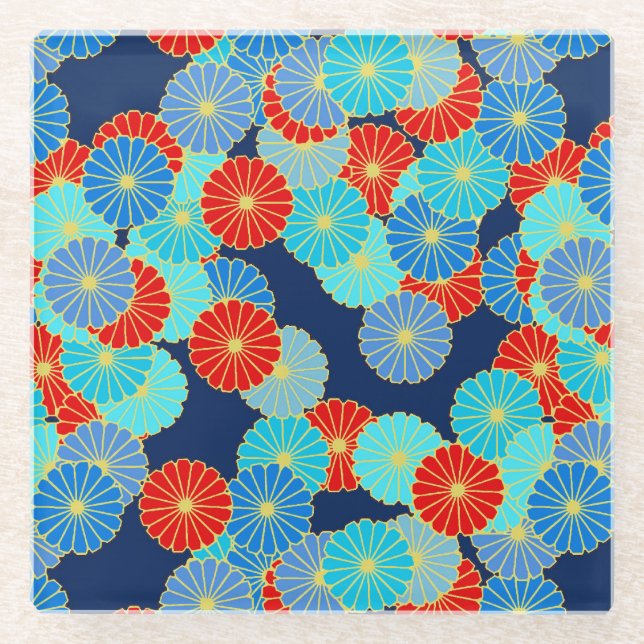 Art Deco flower pattern - blue, turquoise and red Glass Coaster (Front)