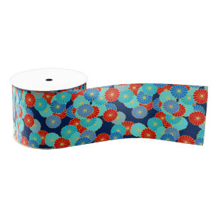Art Deco flower pattern - blue, turquoise and red Grosgrain Ribbon