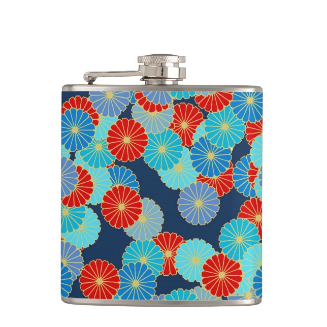Art Deco flower pattern - blue, turquoise and red Hip Flask (Front)