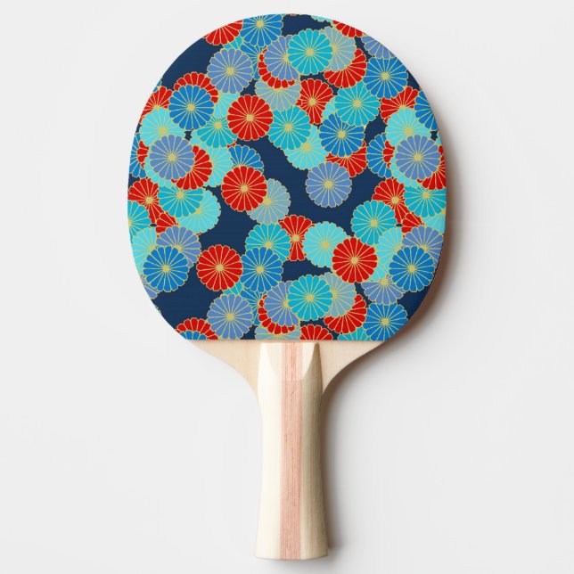 Art Deco flower pattern - blue, turquoise and red Ping Pong Paddle (Front)