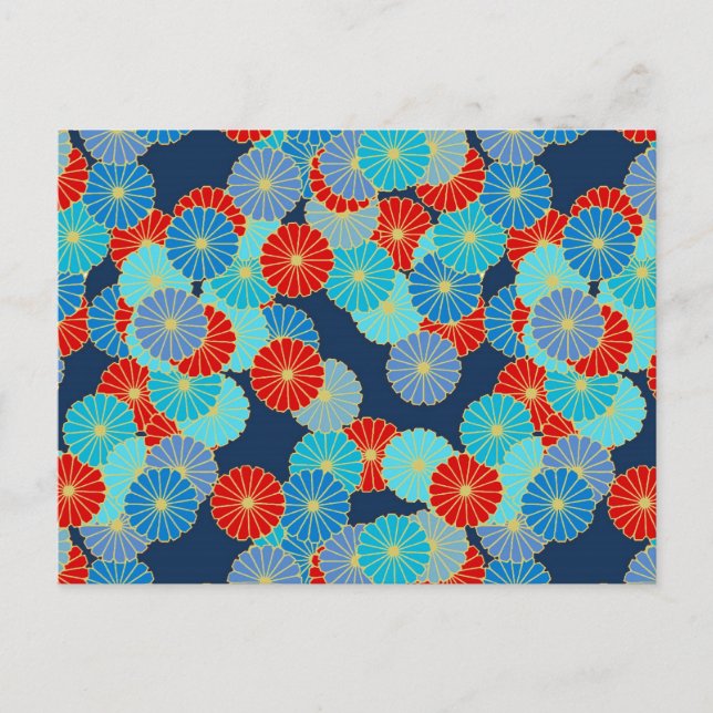 Art Deco flower pattern - blue, turquoise and red Postcard (Front)