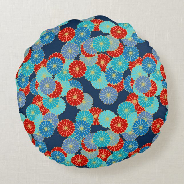Art Deco flower pattern - blue, turquoise and red Round Cushion (Back)
