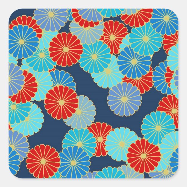 Art Deco flower pattern - blue, turquoise and red Square Sticker (Front)