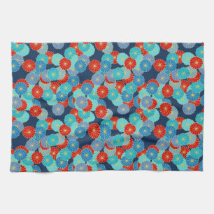 Art Deco flower pattern - blue, turquoise and red Tea Towel