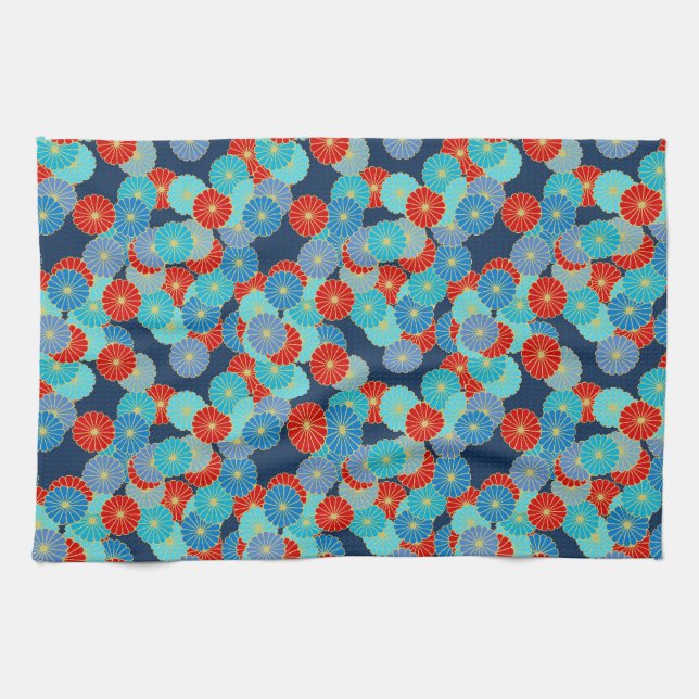 Art Deco flower pattern - blue, turquoise and red Tea Towel (Horizontal)
