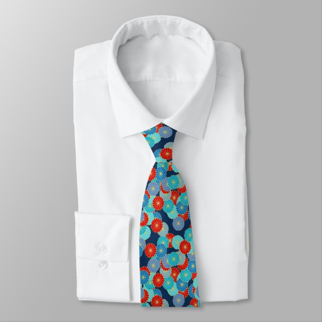 Art Deco flower pattern - blue, turquoise and red Tie (Tied)