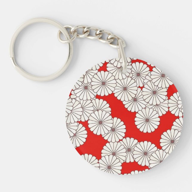 Art Deco flower pattern - cream on red Key Ring (Front)