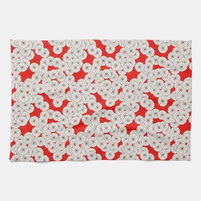 Art Deco flower pattern - cream on red Tea Towel (Horizontal)