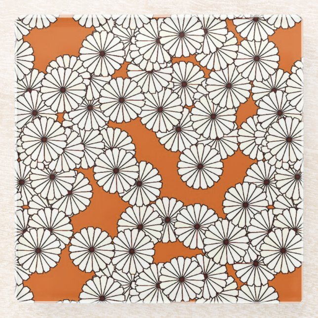 Art Deco flower pattern - cream on rust Glass Coaster (Front)
