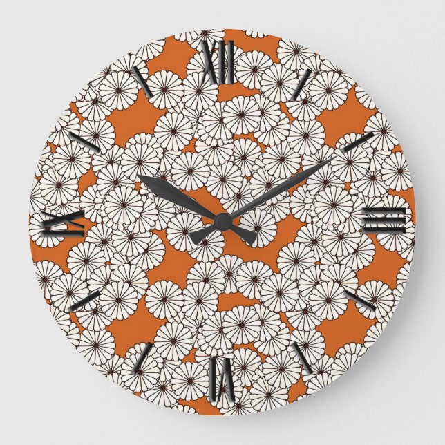 Art Deco flower pattern - cream on rust Large Clock (Front)