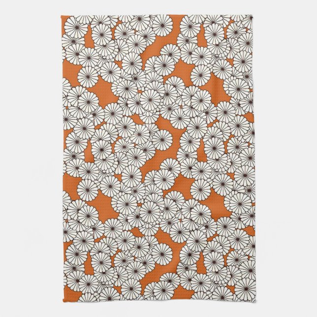 Art Deco flower pattern - cream on rust Tea Towel (Vertical)