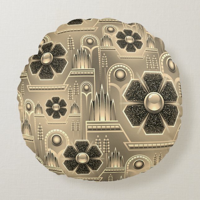 Art deco flower pattern floral geometric gold  round cushion (Front)