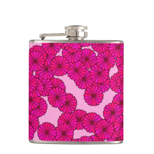 Art Deco flower pattern - magenta on pink Hip Flask (Front)