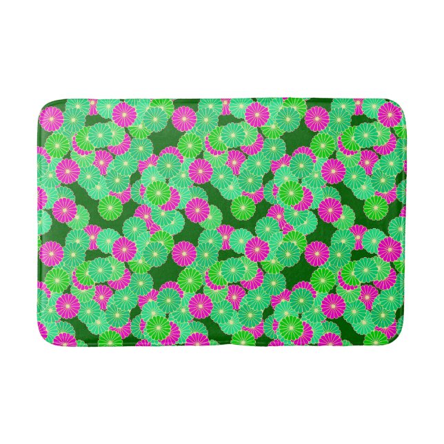 Art Deco flower pattern - shades of green, fuchsia Bath Mat (Front)